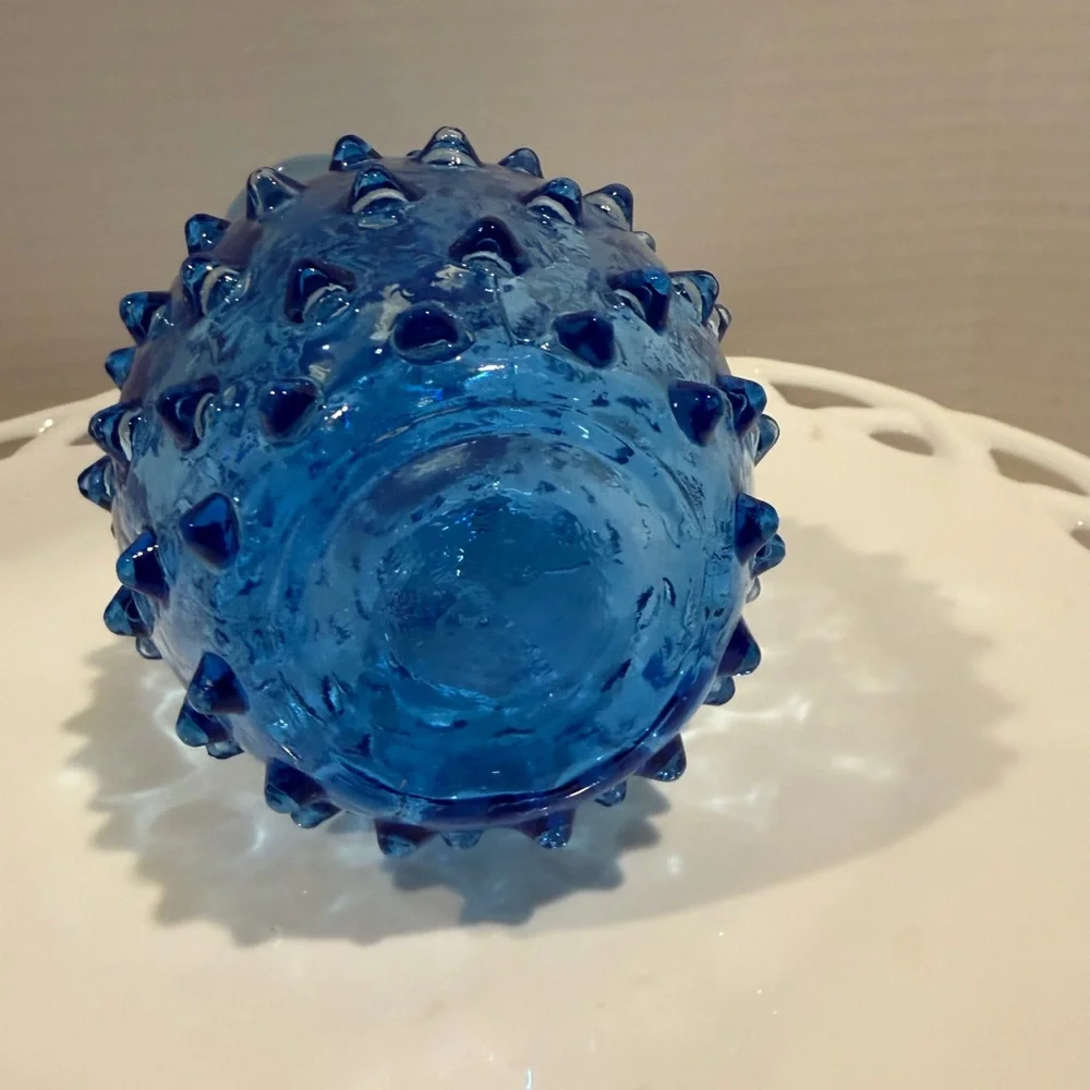 Blue Hobnail Glass Vase Italian Empoli vintage MCM 7”